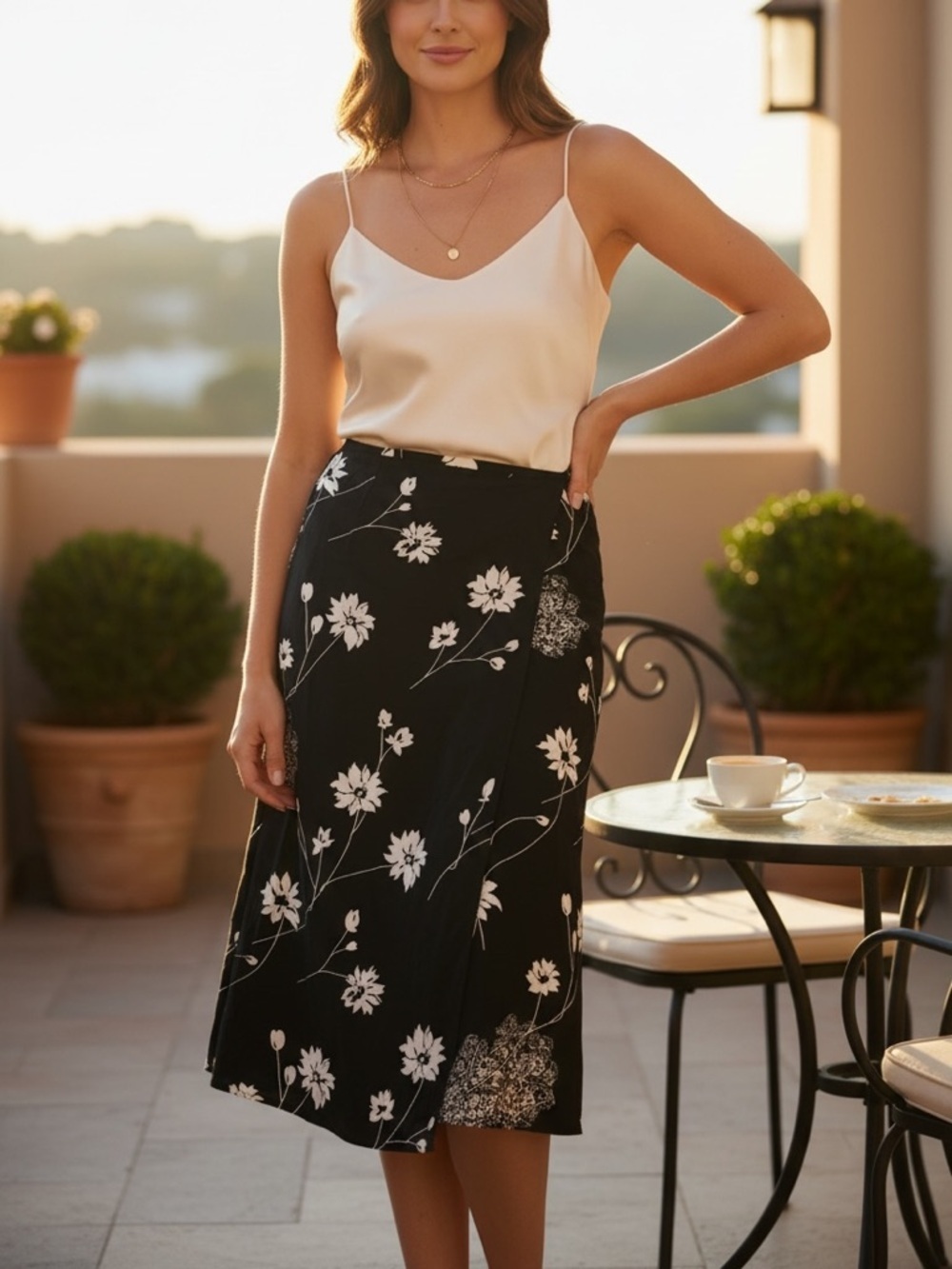 TANJAY Skirt Floral Print Women’s 14 Asymmetrical Black & White